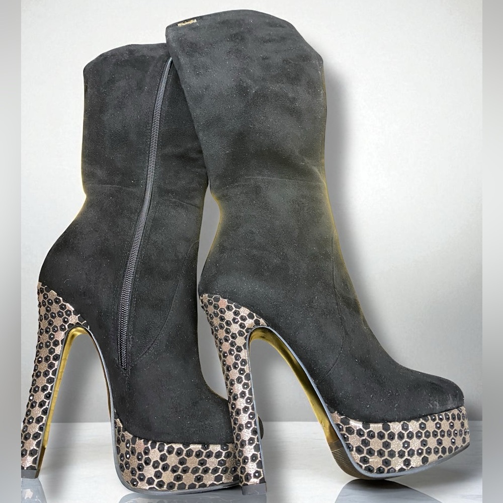 Elegant S.E.Lena Black Suede High Heel Platform Knee High Boots Size 35 (5) - Picture 2 of 16